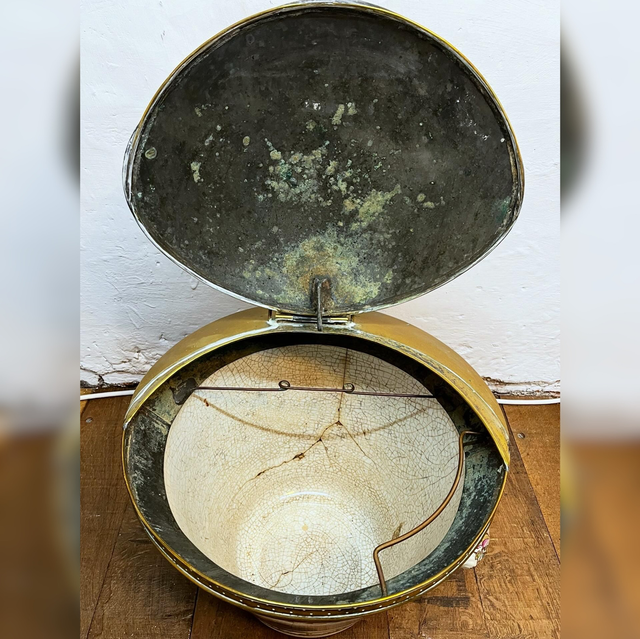 A Late Victorian Dairy Ironstone Milk Pail And Original Patented Brass Cover by The Dairy Outfit Company Ltd of King’s Cross, London