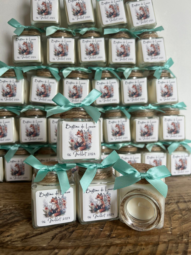 Pots en verre avec bougie ou dragées ou vide personnalisés thème renard et fleurs