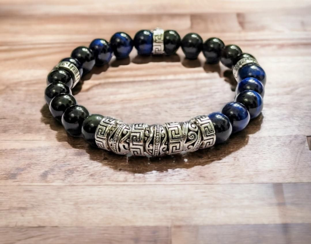 Protection des énergies négatives/Bracelet en Œil de tigre bleu et Obsidienne noire dorée 