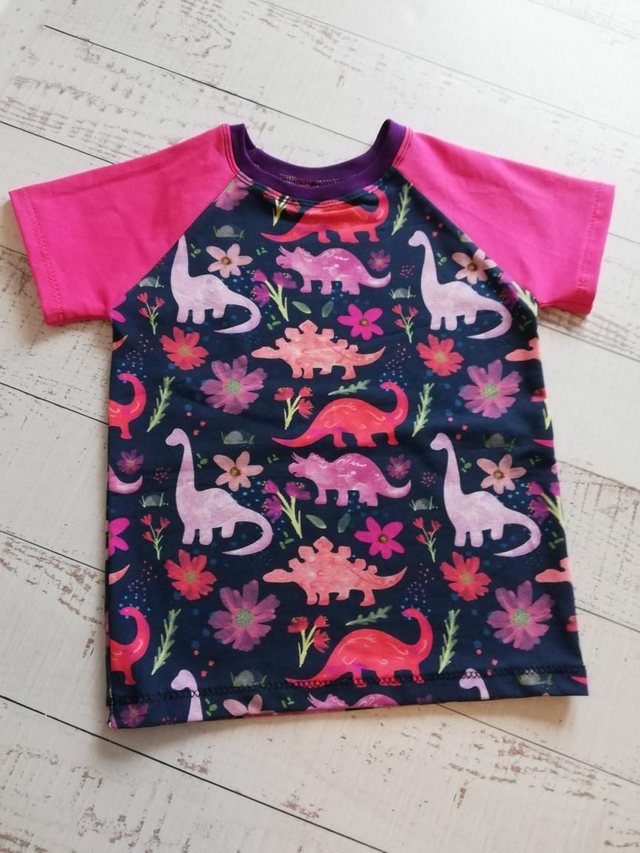 Children's Raglan T-Shirt - Dinosaur Purple &amp; Pink