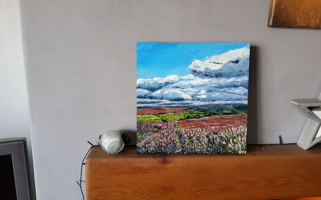 Walkers above Danby. Original oil on 30.5 x30.5 cm wooden canvas. 