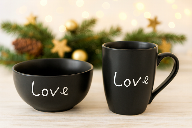 Schwarz Tassen- und Schüssel-Set mit "Love"-Schriftzug – Perfekt als Geschenk! 