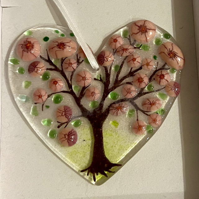 Cherry Blossom Tree Glass Heart Decoration