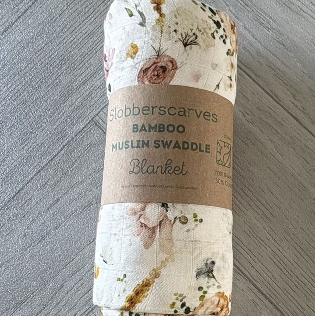 White FloralBamboo Muslin Swaddle Blanket 