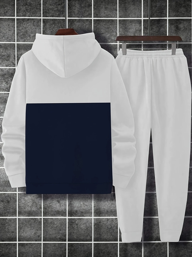 Men's Casual Printed Patchwork Drawstring Hoodie and Sweatpants Set