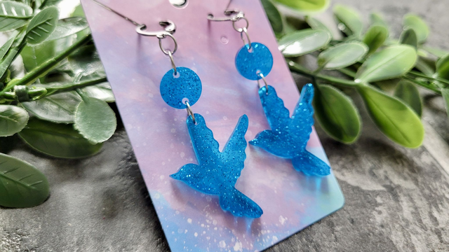 Earrings | Blue Glitter Swallow Birds | Stainless Steel Hoops