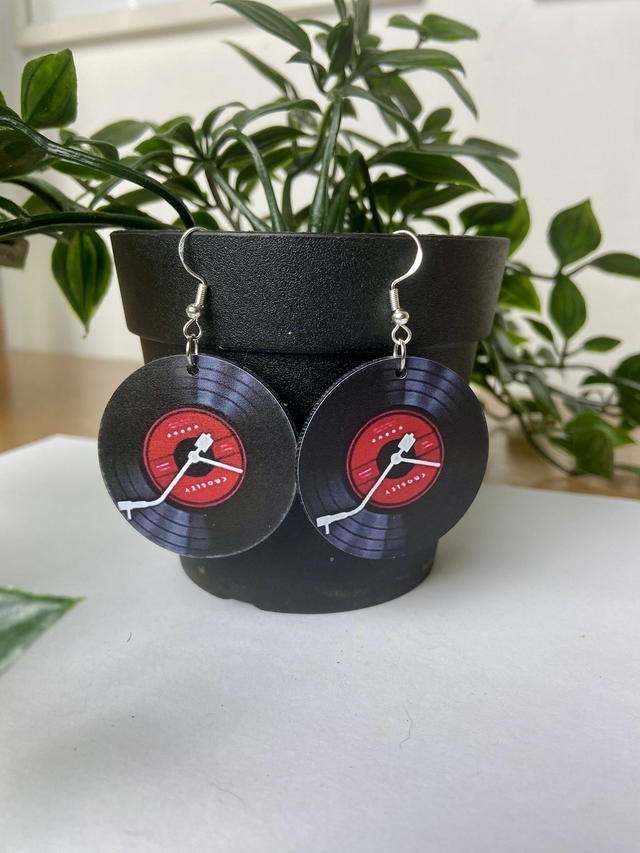 Black and red record earrings.