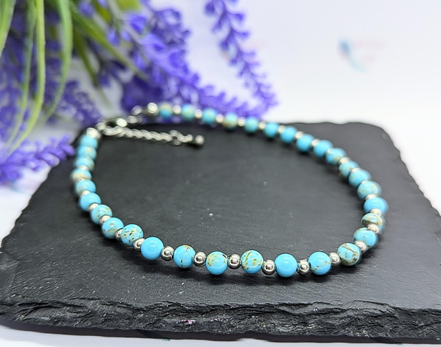 Sky Blue &amp; Gold Marbled Boho Beaded Anklet 