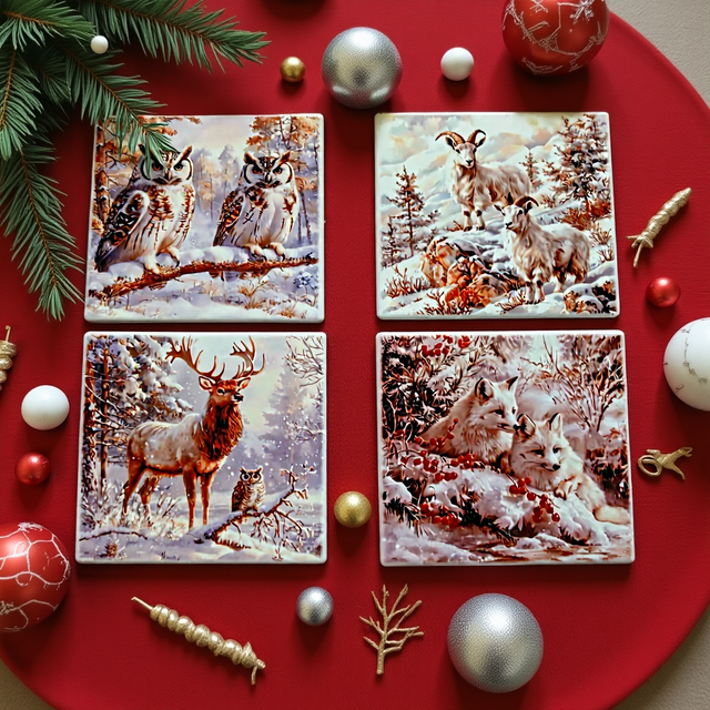 A set of four coasters featuring owls, stag, goats and foxes all set in a winter scene