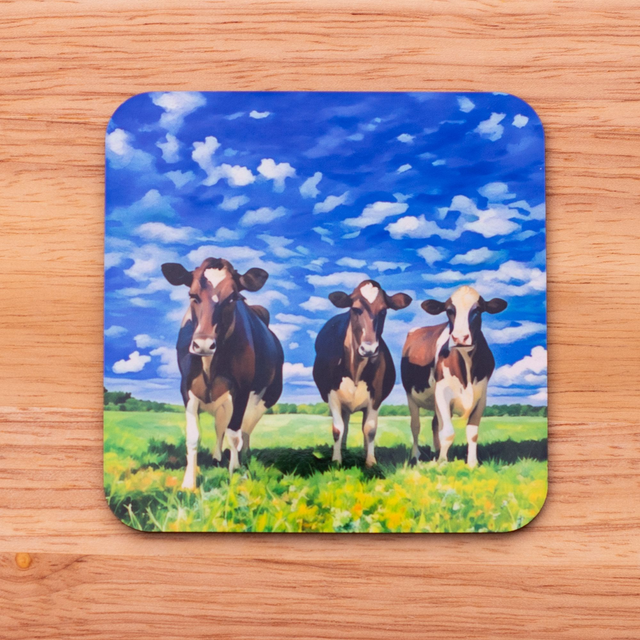 Friesian Cow Coaster, cork backed in Vibrant colours with a glossy finish. 9.8cm x 9.8cm x 0.4cm