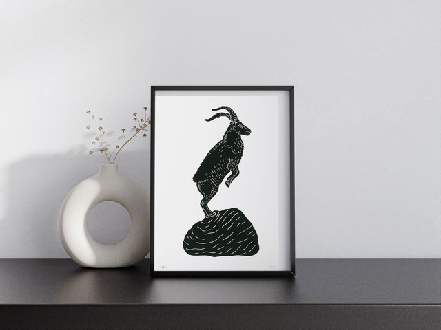 Linogravure “Bouquetin” – Impression artisanale A5 sur papier blanc 200g