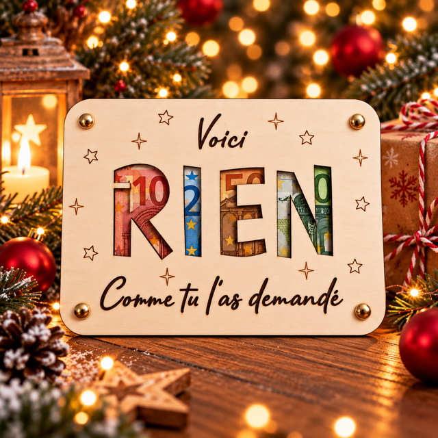 Carte porte billets en bois "Voici RIEN comme tu l'as demandé"