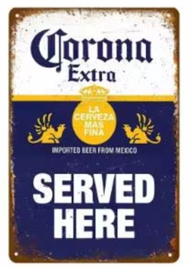 Vintage metalen bordje Corona served here (30x20cm)