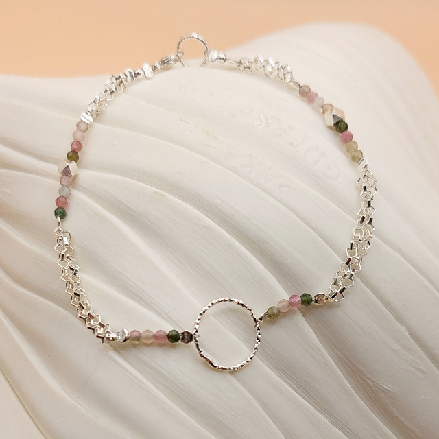 Sterling silver sparkly ring double chain bracelet with Tourmaline