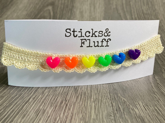 Cream Crochet Choker with Rainbow Hearts