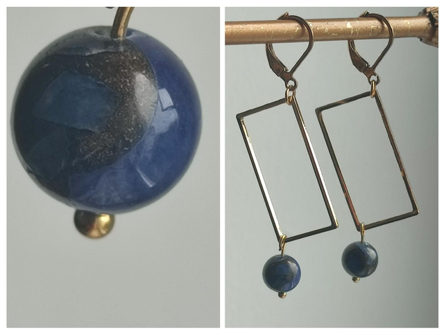 Boucles d&#039;oreilles en lapis lazuli (pierres naturelles) et rectangles, dormeuses en acier inoxydable doré -sans nickel, pièce unique 