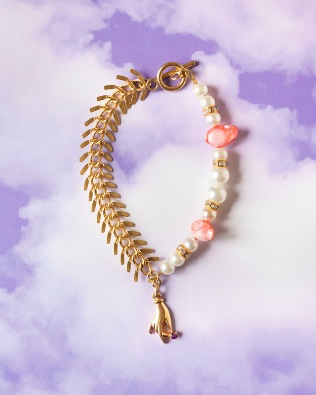 Bracelet Main et chaîne à chevron rose et blanc