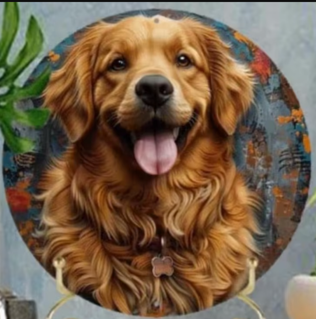Vintage rond metalen bord Golden Retriever bruin (20cm) Nieuw.