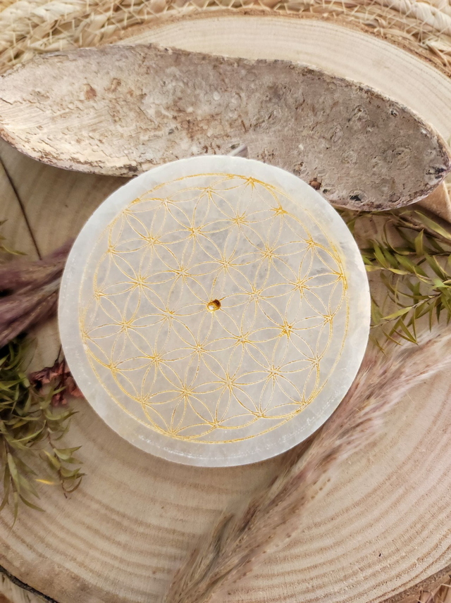 Plaque Sélénite Fleur de vie dorée