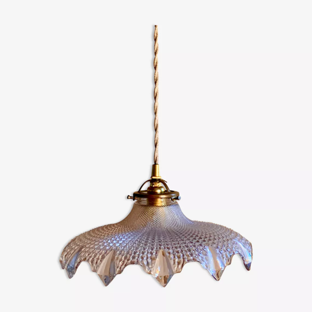 Suspension Holophane verre diamant vintage