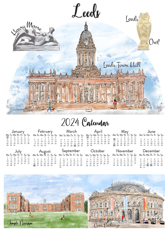 Leeds bespoke A3 Wall Calendar print 2024 - unframed