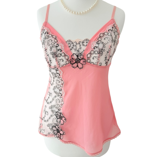 Japanese brand coquette peachy pink and black floral  embroidered cami 