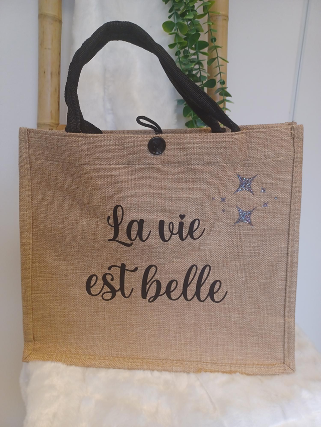 Grand sac cabas en toile de jute “La vie est belle” – Design étoile ✨👜
