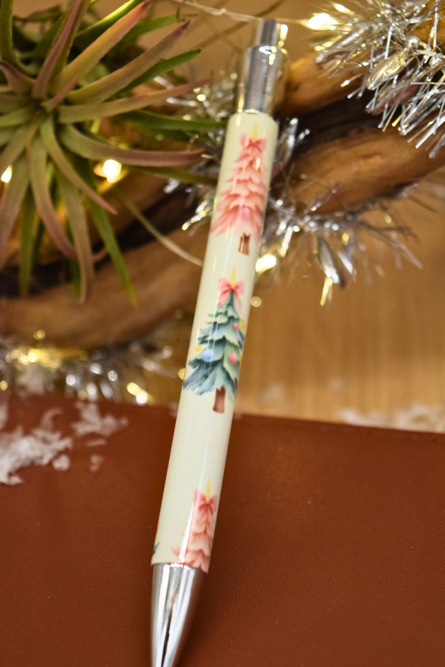 Pastel Christmas Trees Aluminium Pen – Pink &amp; Green Festive Design