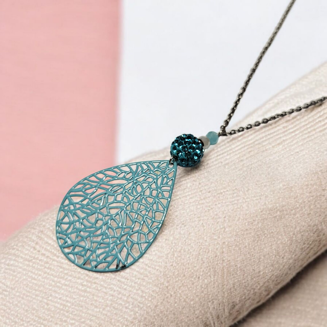 Collier acier inoxydable et cristal bleu