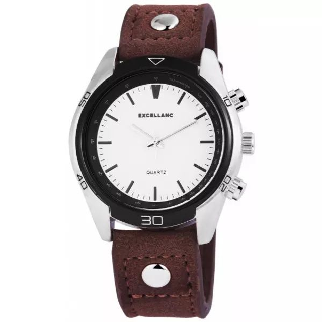 Montre marque Excellanc homme, chemin de fer des minutes et son  bracelet cuir de couleur Marron