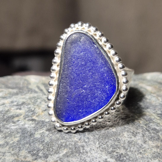 Size X Cobalt Blue Sea Glass and Sterling Silver Ring Fully Hallmarked 
