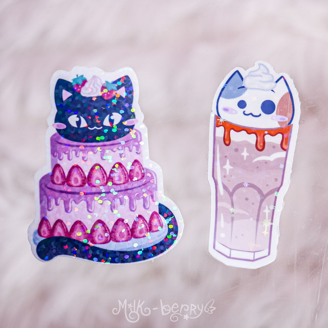 Autocollants Kawaii Chat Gourmand l Strawberry Cake | Milkshake