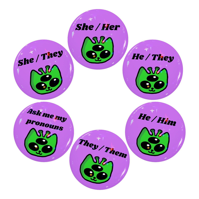 Pronoun Button Badge With Holographic Star Effect Alien Cat