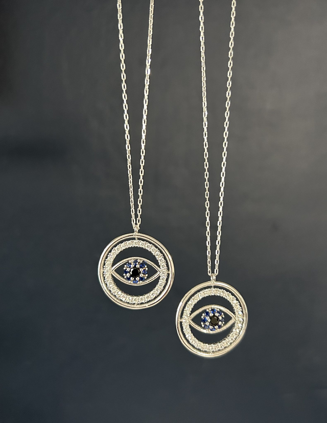 Diamond &amp; Sapphire Cut Out Eye Disc Pendant Necklace