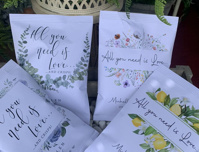 Personalised eucalyptus “crisp packet” covers