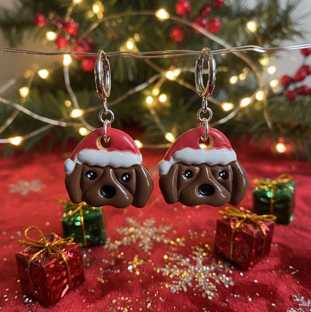 Polymer Clay Festive Dog Earrings - Brown