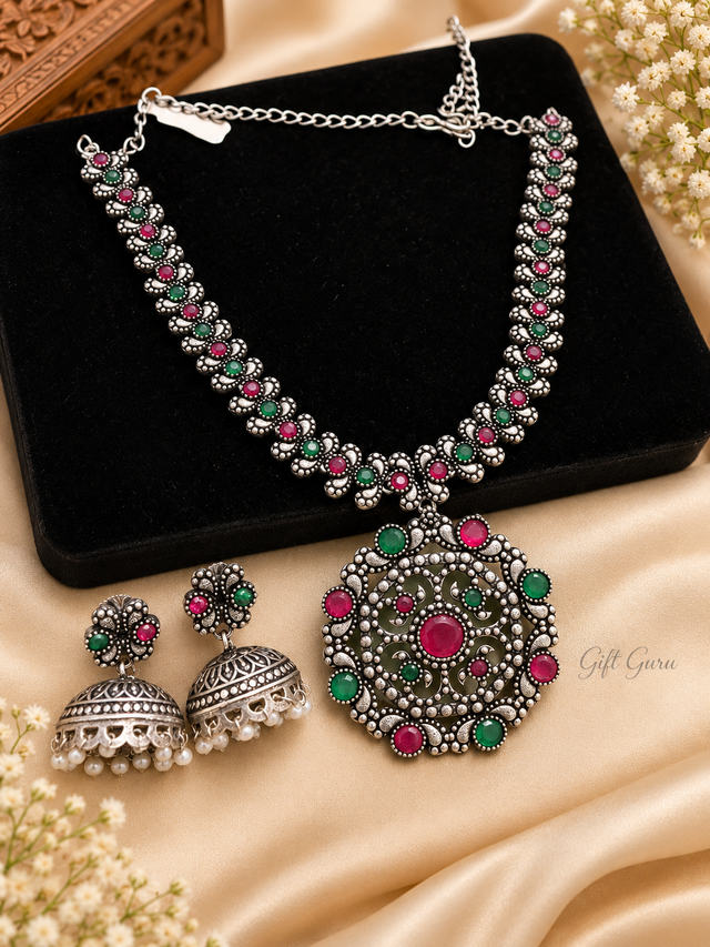 Oxidized silver-finish Indian jewelry necklace and jhumka earrings set