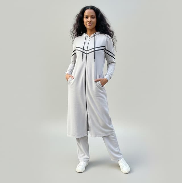 Ensemble Sport Modest Fashion Grande Taille (2XL-6XL) – Tunique Longue à Capuche et Pantalon – Gris Clair