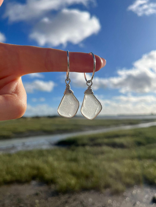 Small endless hoops with white seaglass drops