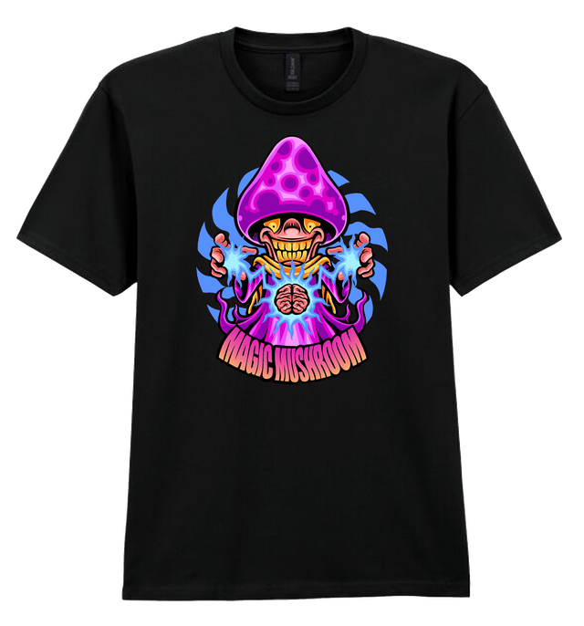 Psychedelic Magic Mushrooms Black Soft Spun Patterned T-Shirt