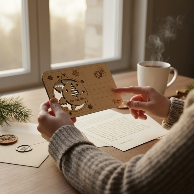 Carte postale avec boule de Noël en bois, gravée et personnalisée - décoration de sapin, déco Sapin design