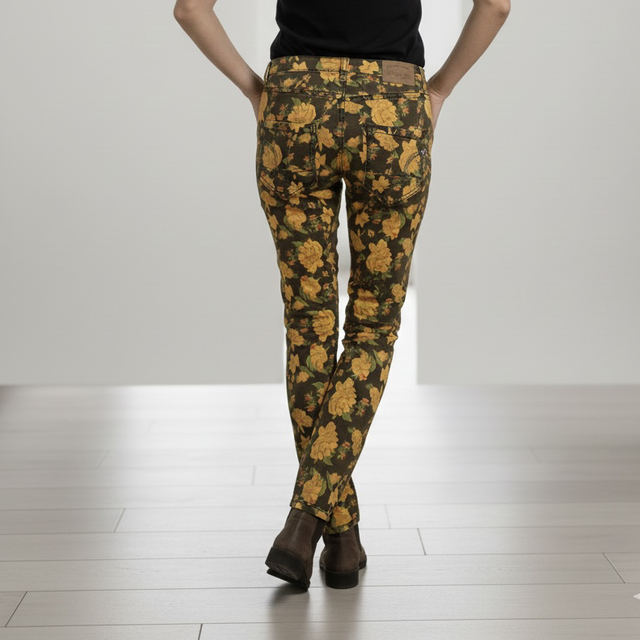 Jean Place du Jour Slim Imprimé Floral Jaune et Moutarde – Pantalon Stretch Femme