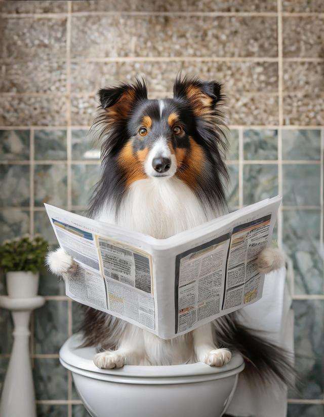 Sheltie on the Toilet Framed Canvas