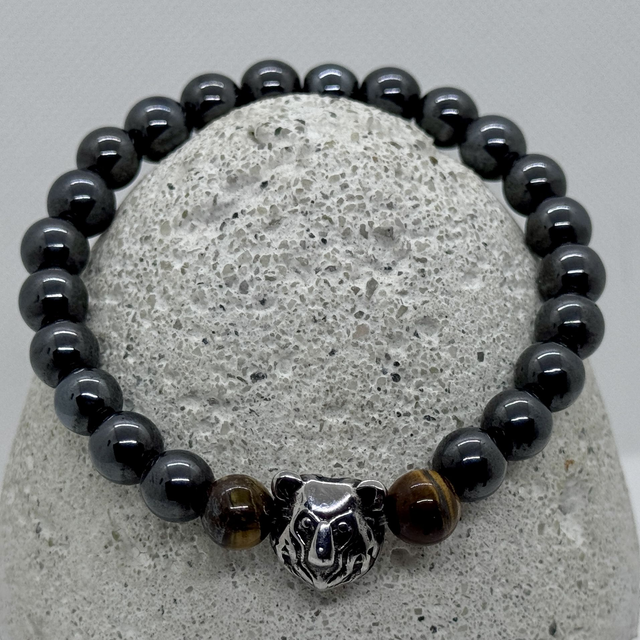 Bracelet en hématite, œil de tigre &amp; tête d’ours en inox