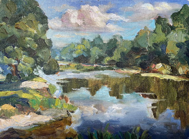 Old oaks on the river bank. Oil painting on canvas