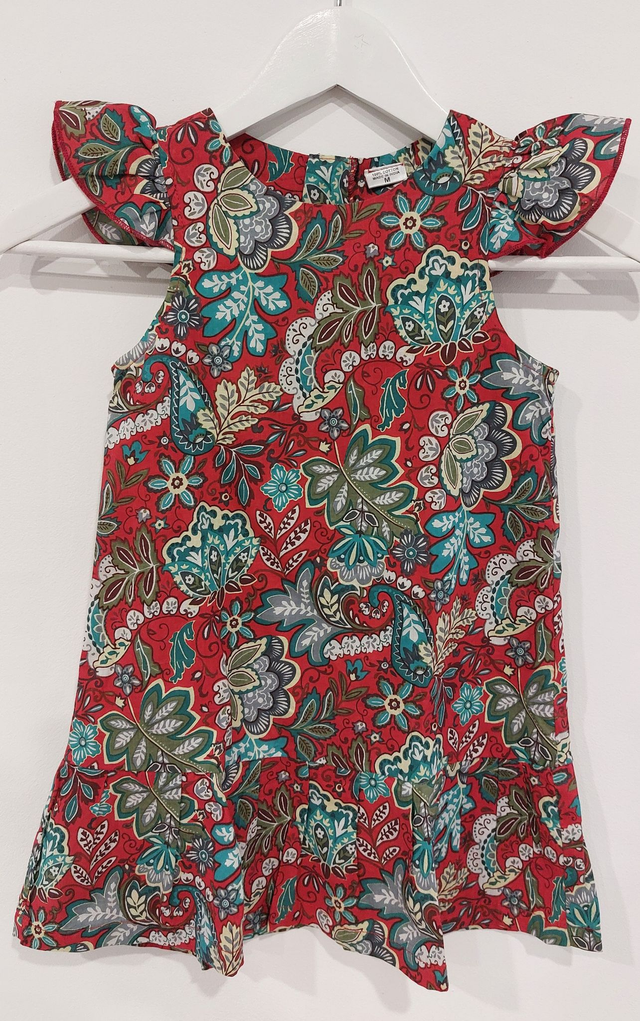 Robe d&#039;été zippée - Fille 4-5 ans - Coton indien léger imprimé à la main - Motif floral rouge, bleu, vert