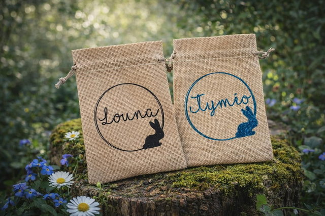 Petit pochon en jute unique – Prénom &amp; lapin 🐰 | Cadeau de Pâques