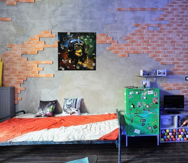 Tableau abstrait multicolore avec singe lumineux up cycling