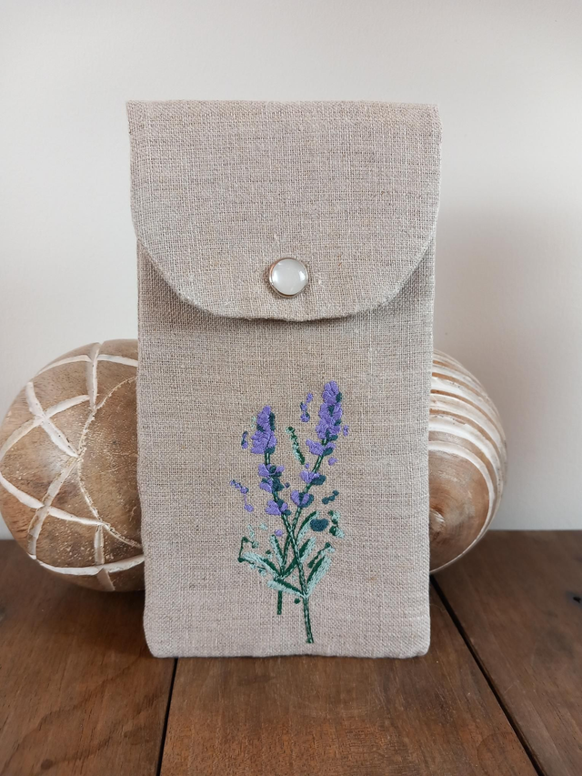 Étui à lunettes en lin brodé &quot;Fleurs de Lavande&quot;