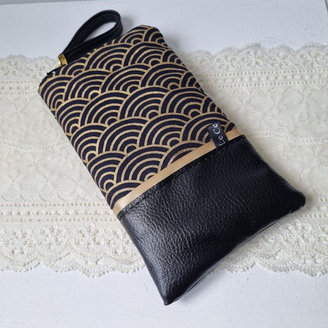 Etui zippé pour smartphone "Nami" noir doré & simili cuir noir